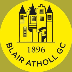 Blair Atholl Golf Club logo: A yellow circular badge with a black-and-white line-art castle of turreted towers with pointed roofs, the year 1896 in black beneath it, and BLAIR ATHOLL GC arched around the lower edge.