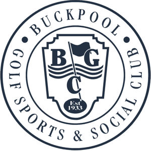 Buckpool Golf Club logo: A navy blue circular seal with BUCKPOOL arched at the top and GOLF SPORTS & SOCIAL CLUB arched at the bottom, around a stepped shield holding the letters B, G and C with a flag on a pole and wavy water lines, and Est 1933 on a small oval below.