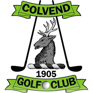 Colvend Golf Club logo: A gray stag's head with white antlers between two black golf clubs crossed behind it, above a white golf ball, framed by green banners reading COLVEND at the top and GOLF CLUB at the bottom with 1905 in black between them.