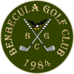 Benbecula Golf Course logo: A dark green circular badge with BENBECULA GOLF CLUB arched around the border in gold, a black eagle with spread wings above crossed golf clubs, the letters B, G and C around the clubs, and the year 1984 in gold at the bottom.