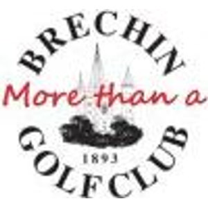 Brechin Golf Club logo: A black-and-white circular badge with BRECHIN arched at the top and GOLF CLUB arched at the bottom, the red script line More than a across the middle, a black silhouette of the Brechin round tower and cathedral spire below it, and 1893 beneath.