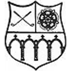 Bingley St Ives Golf Club logo: A black-and-white heraldic shield with crossed golf clubs in the upper left quarter and a multi-petalled heraldic rose in the upper right, above a row of pointed arches across the lower half.