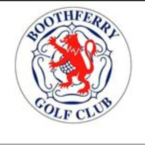 Boothferry Golf Club logo: A white circular badge with BOOTHFERRY arched at the top and GOLF CLUB arched at the bottom in navy blue, around a red rampant lion with a checkered white-and-black shield across its body, framed by navy scrollwork.