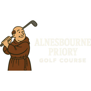 Alnesbourne Priory Golf Course logo: A cartoon bald friar in a brown hooded robe holding a golf club over his shoulder, beside the pale cream wordmark ALNESBOURNE PRIORY GOLF COURSE.