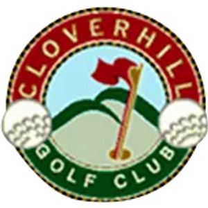 Cloverhill Golf Club logo: A circular badge with a black-and-gold checkered rim, CLOVERHILL in gold on a red upper arc and GOLF CLUB in gold on a green lower arc, around a pale blue sky above dark green hills with a red flag on a gold flagstick, and a white golf ball at each side.