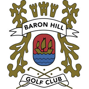Baron Hill Golf Club logo: A gold heraldic crest with scrolling mantling and a small three-turret crown above a white ribbon reading BARON HILL, over a rounded shield showing a single gold three-masted sailing ship on a dark red field above blue and white wavy water, with two crossed golf clubs behind the shield and a white ribbon reading GOLF CLUB below.