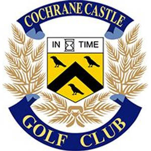 Cochrane Castle Golf Club logo: A circular crest with a navy banner reading COCHRANE CASTLE in gold above and a navy ribbon reading GOLF CLUB in gold below, flanked by golden wheat ears, around a gold shield charged with a black chevron between three black birds under a white chief reading IN TIME with an hourglass between the words.