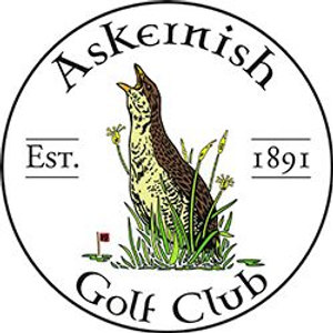 Askernish Golf Club logo: A circular black-outlined badge with Askernish in black serif arched at the top and Golf Club arched at the bottom, a brown and cream speckled corncrake calling with its beak open among green grass and yellow flower spikes, EST. at the left and 1891 at the right, and a small red golf flag at lower left.