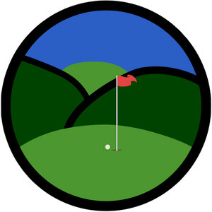 Campsie Golf Club logo: A thick black-outlined circle containing a blue sky over two dark green hills, a light green putting green in the foreground, a red flag on a white flagstick, and a white golf ball beside the hole.