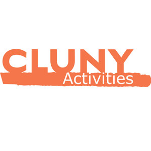 Cluny Golf Club logo: The word CLUNY in bold capitals, orange above and white where the letters cross a broad orange brushstroke, with the word Activities in white script running across the stroke.