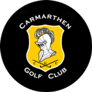 Carmarthen Golf Club logo: A silver knight's helmet in profile facing left with a grey plume, on a yellow shield above crossed golf clubs and the letters C G C, inside a black circular badge reading Carmarthen Golf Club in white capitals.