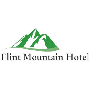 Flint Mountain Park Golf Course logo: A green three-peaked mountain silhouette above a green sweep, over the black serif wordmark Flint Mountain Hotel.