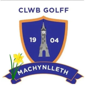 Machynlleth Golf Club logo: A grey stone clock tower on a navy blue shield flanked by the numbers 19 and 04, beneath the blue words Clwb Golff, with a yellow daffodil at the left and a navy banner reading Machynlleth in white capitals below.