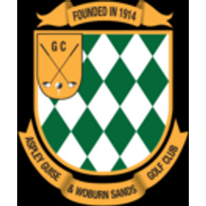 Aspley Guise & Woburn Sands Golf Club logo: A gold-edged shield of green and white diamonds with a gold panel at its top left bearing the letters G C over crossed golf clubs, a gold ribbon above reading Founded in 1914 and a gold ribbon below reading Aspley Guise & Woburn Sands Golf Club, all on a solid black square.