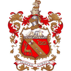 Barrow Golf Club logo: A red shield with a gold diagonal band bearing a bee and an arrow, a gold stag walking at lower left and a gold knotted serpent at upper right, under a chief showing a masted steamship at sea, with a silver helm, red and gold mantling and a crest of a ram's head on a tower above, over a red ribbon reading Semper Sursum.