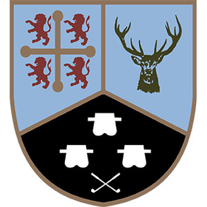 Beamish Park Golf Club logo: A shield with two pale blue upper quarters, the left holding a brown round-ended cross between four dark red lions and the right a dark green stag's head with antlers, above a black lower half bearing three white water bougets over crossed white golf clubs.