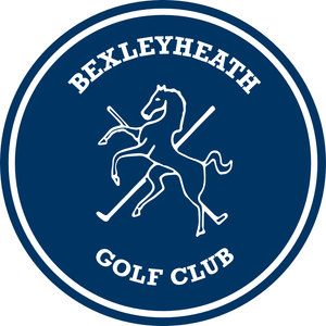 Bexleyheath Golf Club logo: A white heraldic horse rearing to the left over two crossed white golf clubs, inside a navy blue circular badge ringed in white and reading Bexleyheath above and Golf Club below in white capitals.