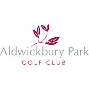 Aldwickbury Park Golf Club logo: A maroon sprig of five pointed leaves on a curving stem above the grey words Aldwickbury Park and the maroon capitals Golf Club.