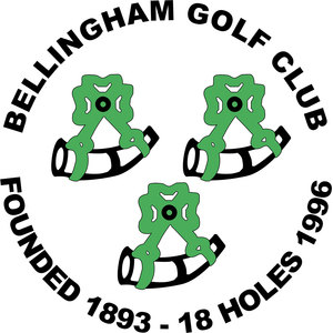 Bellingham Golf Club logo: Three black-and-white hunting horns arranged in a triangle, each slung in a knotted green strap with a green ring at its centre, inside a circular badge lettered Bellingham Golf Club above and Founded 1893 - 18 Holes 1996 below in black capitals.
