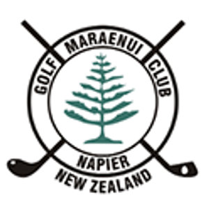 Awatoto Public Course logo: A black circular badge crossed behind by two golf clubs, with a dark teal-green Norfolk pine at its centre and the ring text GOLF MARAENUI CLUB above and NAPIER NEW ZEALAND below in black capitals.