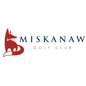 Miskanaw Golf Club Cubs Course logo: A dark red fox sitting with its muzzle pointing right and a white-tipped bushy tail curling beneath its feet, beside 'MISKANAW' in navy letterspaced serif capitals over 'GOLF CLUB' in smaller red capitals.
