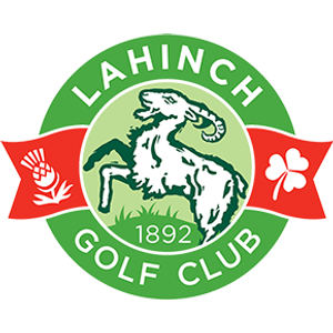 Old Course logo: A green circular badge with 'LAHINCH' in white capitals across the top and 'GOLF CLUB' across the bottom, framing a pale green disc where a white and green goat with curled horns rears on grass above the white numerals 1892, flanked by a red ribbon bearing a white thistle on the left and a red ribbon bearing a white shamrock on the right.