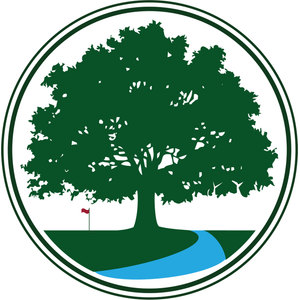 River Oaks Golf Club South Course logo: A broad dark green oak tree on a fairway inside a double-ringed dark green circle, with a small red flag on a pin at the tree's left and a light blue stream curving across the bottom of the circle.