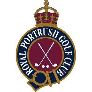 Valley Links logo: A red and gold crown above a navy ring lettered ROYAL PORTRUSH GOLF CLUB in gold, encircling a maroon disc with two crossed white golf clubs and three white golf balls, above a gold ribbon banner.