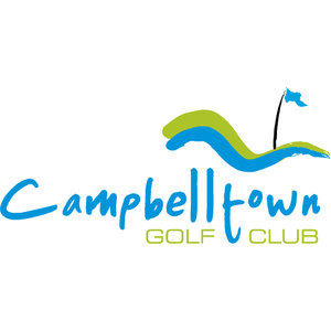 Campbelltown Golf Course logo: The word Campbelltown in blue handwritten brush script above GOLF CLUB in lime green capitals, beneath a brushstroke ridge of lime green over blue carrying a thin black flagstick with a blue flag.