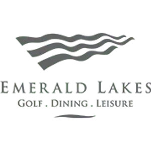 Emerald Lakes Golf Club logo: Four stacked dark grey wavy horizontal brush lines above EMERALD LAKES in grey serif capitals, with GOLF . DINING . LEISURE in smaller grey capitals and a single short grey wave line underneath.