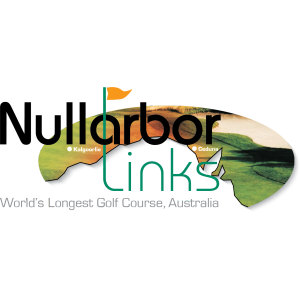 Nullarbor Links - Ceduna logo: The word Nullarbor in black rounded lowercase above Links in thin green lowercase, laid over a photographic patch shaped like Australia's southern coastline showing green fairway and ochre sand, with a green flagstick flying a small orange flag and two white dots labelled Kalgoorlie and Ceduna, above the line World's Longest Golf Course, Australia in grey type.
