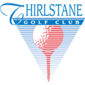 Thirlstane Golf Club logo: THIRLSTANE in blue serif capitals led by a large blue script T, above a blue banner lettered GOLF CLUB in white, over a downward-pointing triangle of pale blue horizontal stripes holding a red striped golf ball resting on a tall red golf tee.