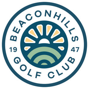 Cardinia Beaconhills Golf Links logo: A dark teal circular badge lettered BEACONHILLS around the top and GOLF CLUB around the bottom in teal capitals with 19 and 47 split either side, encircling a teal disc holding a white half sun with pale yellow rays rising over three nested green hill arcs.