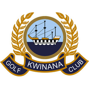 Kwinana Golf Club logo: A gold laurel wreath curving around a gold ring of fine radiating lines enclosing a pale blue sky over dark navy water carrying a white three-masted ship with rigging, above a navy ribbon banner lettered KWINANA in white with GOLF and CLUB on the two flanking scroll ends.