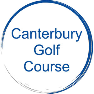 Canterbury Public Golf Course logo: A hand-drawn blue brushstroke ring broken open at the lower left, enclosing the words Canterbury, Golf and Course stacked on three lines in blue sans-serif lettering.