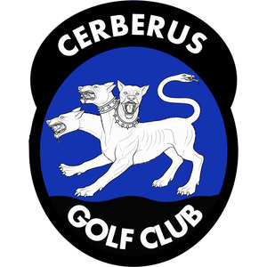 Cerberus Golf Club logo: A black rounded badge lettered CERBERUS across the top and GOLF CLUB across the bottom in white capitals, encircling a blue disc carrying a white line-drawn three-headed dog striding to the left with a spiked collar and a serpent for a tail.