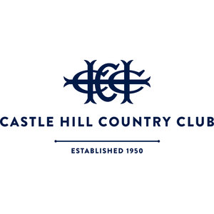 Castle Hill Country Club logo: A navy interlocking monogram of the letters C, H, C and C drawn with curled serif terminals, above CASTLE HILL COUNTRY CLUB in widely spaced navy capitals and ESTABLISHED 1950 beneath a thin navy rule dotted at both ends.