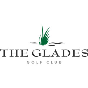 Glades Golf Course logo: A tuft of upright green reed blades flanked by two short dark ripple lines, above THE GLADES in near-black serif capitals with GOLF CLUB in smaller widely spaced grey capitals beneath.