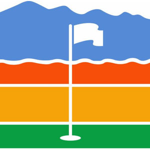 Port Augusta Golf Course logo: Four stacked horizontal bands of blue, red, amber and green separated by white lines, the blue band's top edge rising into rounded mountain peaks and its lower edge wavy, with a tall white flagstick flying a notched white flag standing in a white hole cup on the green band.