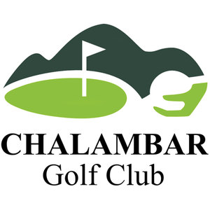 Chalambar Golf Club logo: A dark green double-humped hill silhouette rising behind a light green oval putting green holding a white flagstick and white flag, with a curved light green crescent shape at the right, above CHALAMBAR in black serif capitals and Golf Club in black serif beneath.