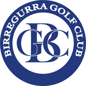 Birregurra Golf Club logo: A navy blue circular badge lettered BIRREGURRA GOLF CLUB in white capitals around the rim, enclosing a white centre filled by a large interlocking navy serif B, G and C monogram.