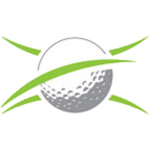 Harvey Golf Club logo: A dimpled golf ball whose upper half is drawn as a thin gray outline and whose lower half is solid gray with white dimples, crossed by a spray of curved lime green blades that sweep out to the left and right, one of them passing across the face of the ball.