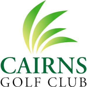 Cairns Golf Club logo: A fan of five tapered palm fronds in graded light and dark green spraying upward and curving to the right, above CAIRNS in large dark green serif capitals with GOLF CLUB in smaller black serif capitals beneath.