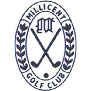 Millicent Golf Club logo: A white oval badge ringed by a double navy outline, lettered MILLICENT around the top and GOLF CLUB around the bottom in dark navy capitals, with a laurel sprig curving up each side, enclosing an ornate blackletter M monogram above two crossed black golf clubs and a small black golf ball.