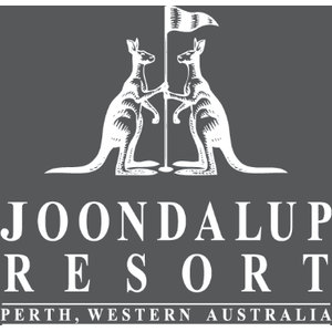 Joondalup Resort Golf Course logo: Two white engraved-style kangaroos standing upright facing each other, each with a forepaw on a golf flagstick flying a pennant flag between them, above JOONDALUP RESORT in widely spaced white serif capitals with PERTH, WESTERN AUSTRALIA in small white capitals under a thin rule, all on a dark charcoal gray square.