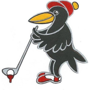 Crows Nest Golf Course logo: A hand-drawn cartoon crow with black plumage picked out in white highlights and a long yellow beak, wearing a red cap topped with a yellow pom-pom and red and white golf shoes, gripping a golf club whose head rests beside a white golf ball on a red tee.