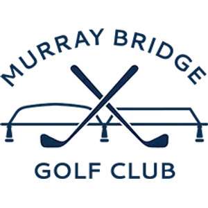 Murray Bridge Golf Club logo: MURRAY BRIDGE arched in navy blue capitals above two navy golf clubs crossed in an X, drawn in front of a long navy outlined bridge span carried on piers, with GOLF CLUB in navy capitals below.