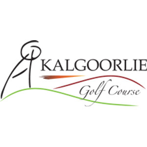 Kalgoorlie Golf Course logo: A black continuous-line drawing of a golfer swinging a club on the left, beside KALGOORLIE in black serif capitals with Golf Course in black italic script below it, over a dark red arc and a long lime green curve that sweep beneath the lettering like rolling ground, with a short tapered orange stroke underneath the first letters.