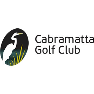 Cabramatta Golf Course logo: A near-black oval containing a white long-necked egret standing in profile facing right with a yellow pointed beak, tall yellow reeds rising beside it from a dark teal horizontally striped band of water across the lower third, beside Cabramatta Golf Club set in two lines of near-black sans-serif lettering.
